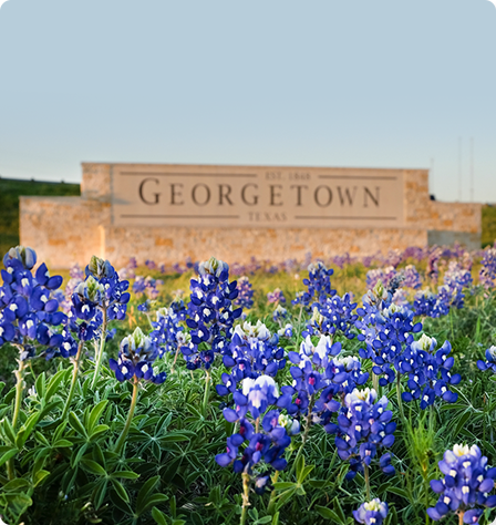 A brick sign marking Georgetown, TX.