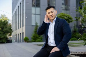 A man in a business suit is sitting on a bench near an office center, holding his hand over his ear and struggling to hear due to hearing loss.
