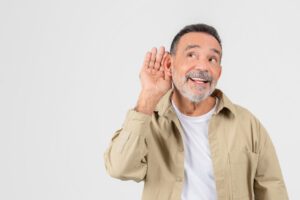 Senior man with hearing loss in one ear is cupping his ear to listen carefully.